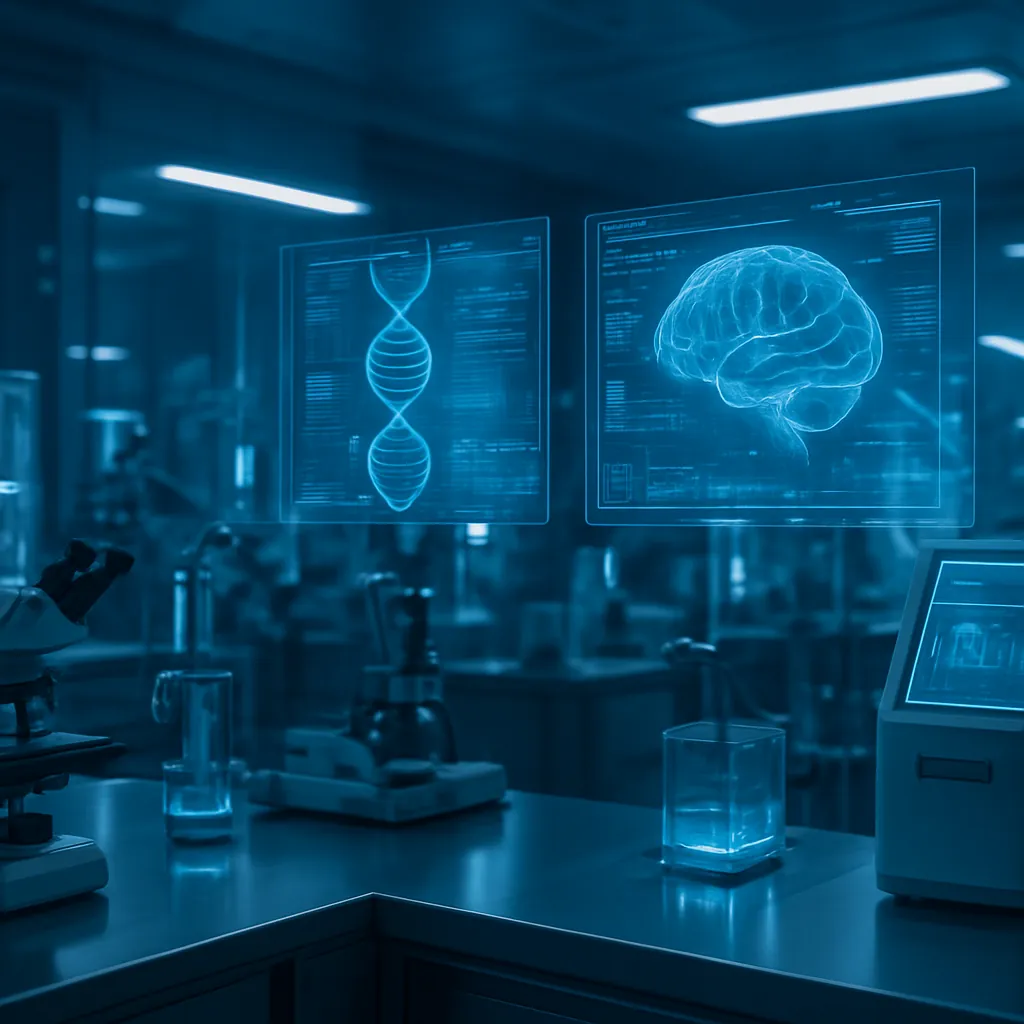 Laboratório de pesquisa científica avançada com displays holográficos azuis